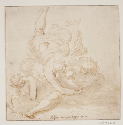 Két angyal egy embert hordozó alkotó: Pietro Liberi