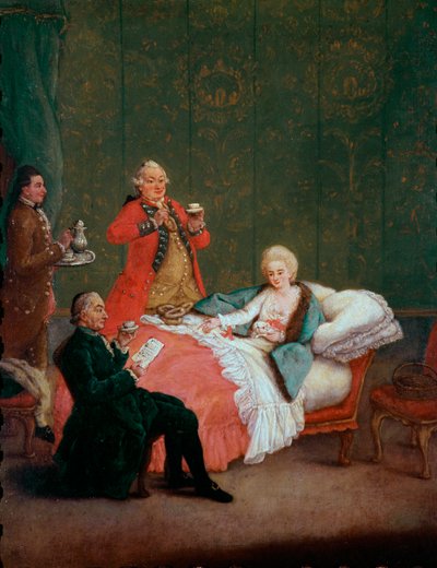 Reggeli csokoládé fiatal nő a nemesség ágyában fekszik, három férfi szolgálja ki. Pietro Longhi (1702-1785) festménye 1775-1780. Homályos. 60x47 cm Ca 