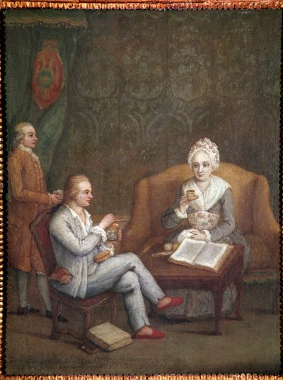 Adriana Giustinian portréja fiával, Gerolamo Ascanióval forró csokoládét szed (Adriana Giustinian Barbarigo és fia, Gerolamo Ascanio csokit szed) Pietro Longhi (1702-1785) festménye 1779 kb. Mérete 58x45 cm Velence, Ca 
