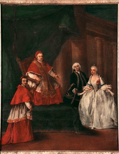 XIII. Kelemen pápa (1693-1769) ábrázolása unokaöccsével, Ludovico Rezzonicóval és feleségével, Faustina Savorgnannal (XIII. Kelemen pápa unokaöccsével, Ludovico Rezzonicóval és feleségével, Faustina Savorgnannal) Pietro Longhi (1702-1785) festménye (1702-1 alkotó: Pietro Longhi