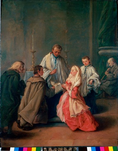 A szentségek: "" esküvői szertartás "" Pietro Longhi (Pietro Falca) festménye (1702-1785) 1755 kb. V. 62x50 cm Velence, Querini-Stampalia Képtár alkotó: Pietro Longhi