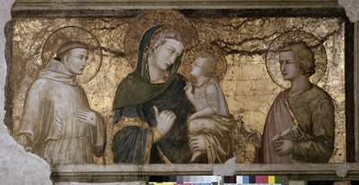 A Szűz és a Gyermek Szent János és Szent Ferenc között Pietro Lorenzetti (1280-1348) freskója Assisiben (Assisi), Alsó-bazilika, Orsini-kápolna. alkotó: Pietro Lorenzetti
