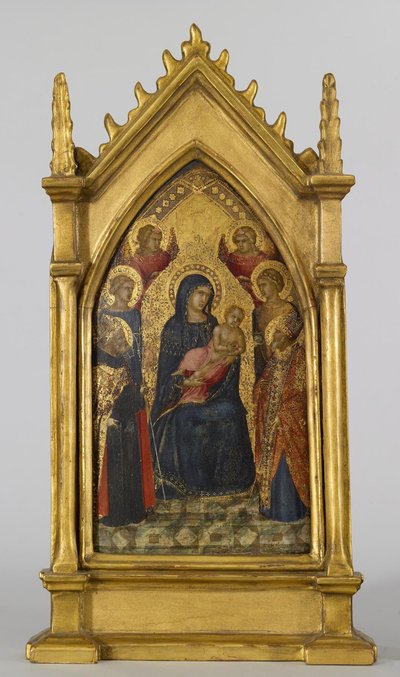 Szűz és gyermek Szent Ágostonnal, Miklóssal, Katalinnal, Luciával és angyalokkal, 1340-45 körül (tempera és aranylevél a táblán) alkotó: Pietro Lorenzetti