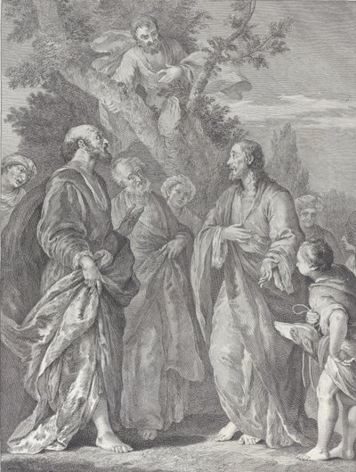 Zákeus megtérése, Krisztus jobb oldalán a vámszedőhöz fordul, aki székhelye..., 1730-39. alkotó: Pietro Monaco