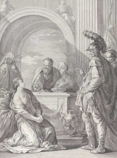 Jefte lánya az áldozati oltárnál térdelve, apjával a jobb oldalon áll..., 1730-50. alkotó: Pietro Monaco