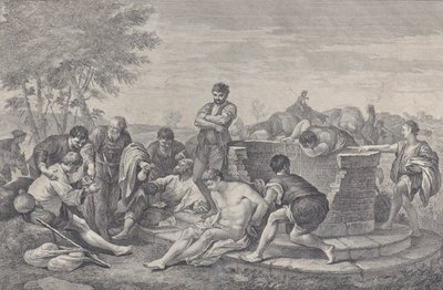 Józsefet rabszolgaságba adják testvérei, akik egy kút körül ülnek, amely szétosztja a..., 1730-39. alkotó: Pietro Monaco