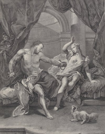 Sámson és Delila egy ágyon ültek, Sámson széttépte a köteleket, amelyek a kezét kötötték..., kb. 1730-39. alkotó: Pietro Monaco