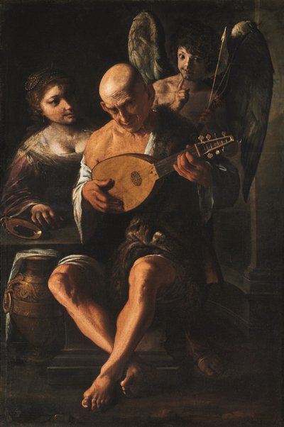 Idős férfi gitározik egy nő és egy puttó társaságában (olaj, vászon) alkotó: Pietro Paolini