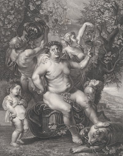 Bacchus egy hordón ül a szőlő előtt, bacchantákkal, szatírokkal és gyerekekkel..., 1758. alkotó: Pietro Peiroleri