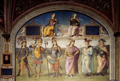 A szilárdság és mértékletesség allegóriái hat antik hőssel alkotó: Pietro Perugino