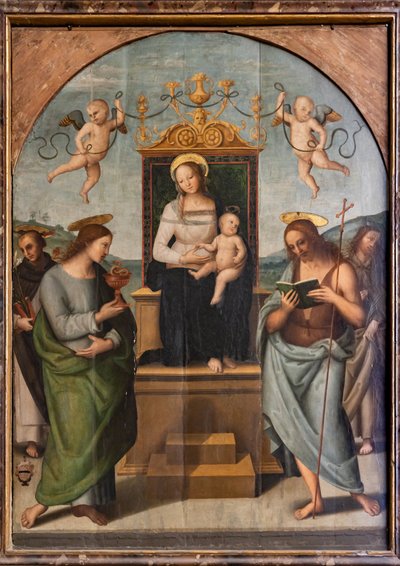 Szent Gervase, Protasio, Pál és Péter között trónolt Szűz alkotó: Pietro Perugino
