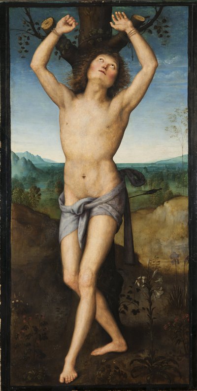Saint Sebastien – Saint Sebastian, Perugino (kb. 1450-1523). Olaj, fa. Mérete: 174x88 cm. Nemzeti Múzeum Stockholm alkotó: Pietro Perugino