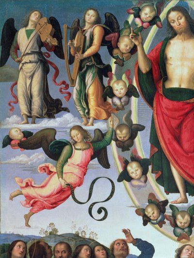 Krisztus mennybemenetele, részlet Krisztusról és zenész angyalokról, jobb felső rész, 1495-98 olaj, 89700-as táblarészlet alkotó: Pietro Perugino