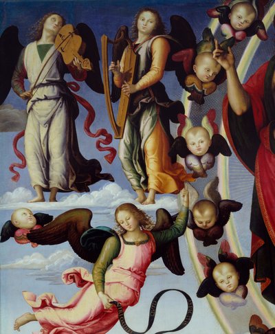Krisztus mennybemenetele A zeneangyalokat ábrázoló jobboldal részlete. Pietro Vannucci festménye dit Il Perugino (A Perugin) (1450-1523) 1496 Lyon, Szépművészeti Múzeum alkotó: Pietro Perugino
