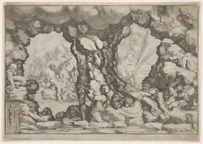 Egy óriás, amely középen egy sziklát hord, más óriások balra és jobbra küszködnek és visszatalálnak..., kb. 1680. alkotó: Pietro Santi Bartoli