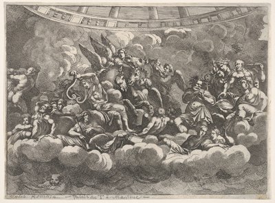 Különböző olümposzi istenek és mitológiai alakok gyülekezése a felhők között, Apollo at ce..., kb. 1680. alkotó: Pietro Santi Bartoli