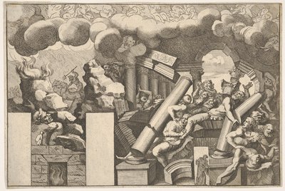 A sziklák és a templom leomló oszlopai által összetört óriások, felette füstfelhők..., kb. 1680. alkotó: Pietro Santi Bartoli