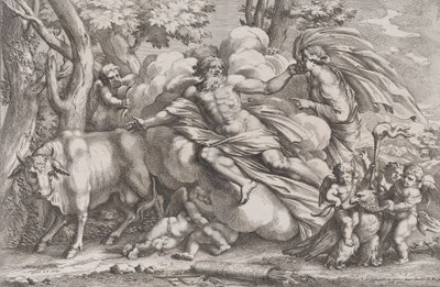Io balról tehénként, Jupiter felhőn középen, Juno jobbra pu...-val, 1650-90. alkotó: Pietro Santi Bartoli