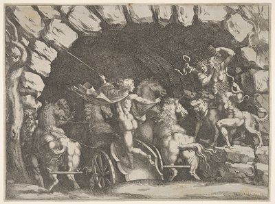 A Plútó, hátulról nézve, kocsiján belép az Alvilágba, Cerberus és három Fu..., kb. 1680. alkotó: Pietro Santi Bartoli