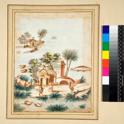 Folyói jelenet két pigmeussal egy szigeten (fekete kréta, néhány tollal és barna tintával. Akvarellel színezve) alkotó: Pietro Santi Bartoli