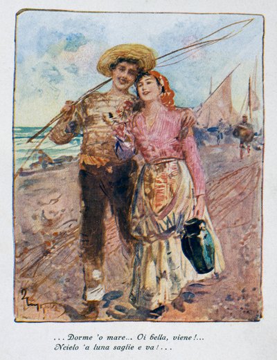 Vissza a horgászatból, Pietro Scoppetta (1863-1920) illusztrációja, Olaszország, XX. század alkotó: Pietro Scoppetta