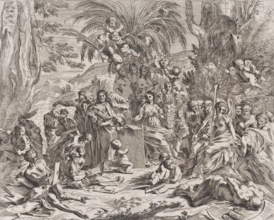 A festészet allegóriája, aki gyerekként a bal középen táblára rajzol, körbe..., 1637-38. alkotó: Pietro Testa