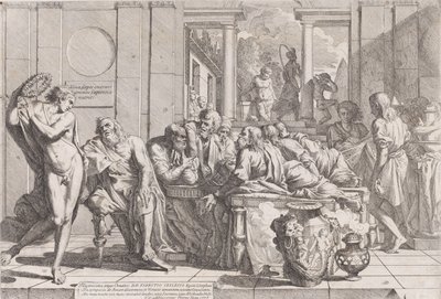 Platón szimpóziuma: Szókratész és társai egy asztal körül ülve az ideális szerelemről beszélgetnek..., 1648. alkotó: Pietro Testa