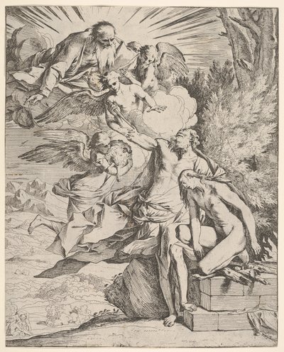 Izsák feláldozása: egy angyal nyomódik Ábrahám tőrt hordozó karjához, aki ..., 1645-50 körül. alkotó: Pietro Testa