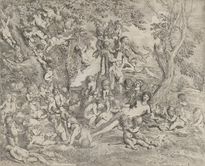 A Vénusz kertje, aki a központban dől a Pán hermája előtt, és körülveszi ..., kb. 1631-37. alkotó: Pietro Testa