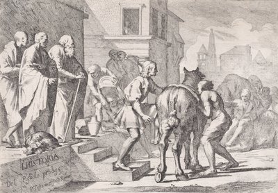 A lóra ülni készülő tékozló fiú távozása egy négyes sorozatból..., kb. 1645. alkotó: Pietro Testa