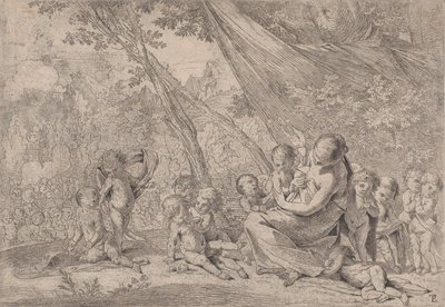 A jótékonyság kertje, jobbra a Szeretetet képviselő nő, gyerekekkel körülvéve, ..., kb. 1631-37. alkotó: Pietro Testa