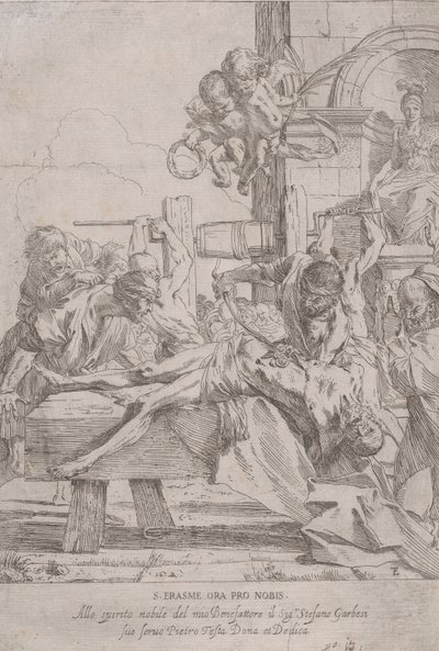 Szent Erasmus mártíromsága, aki leborult, bennük eltávolítva, két putti a..., kb. 1630. alkotó: Pietro Testa