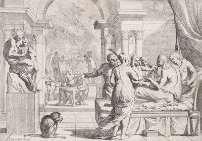 A tékozló fiú a kanapén ülve bort szolgálnak fel, a háttérben mulatozók, egy mo..., kb. 1645. alkotó: Pietro Testa