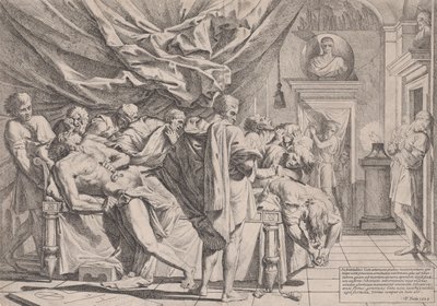 Cato filozófus öngyilkosságát, aki az ágyán fekszik, és kihúzza a bensőjét, nézte a..., 1648. alkotó: Pietro Testa