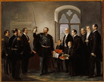 II. Savoyai Vittorio Emanuele, Pistoiában, a gibelin condottiere Castracani kardjával hadonászik alkotó: Pietro Ulivi