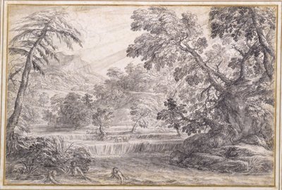 Erdős folyótáj, 1650 körül (fekete kréta, ecset és szürke tinta szürke mosással a papíron) alkotó: Pietro da Cortona