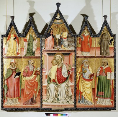 A Szűz és a Gyermek poliptichonja a szentekkel. Balra fent: Alexandriai Szent Katalin és Szent Mária Magdolna. Középen Krisztus a kereszten az "INRI" (I.N.R.I.) felirattal. Szűz Mária és Szent János. Jobbra fent: S alkotó: Pietro di Giovanni Lianori