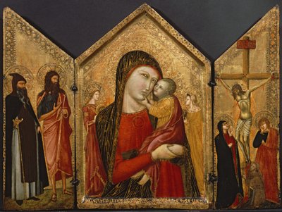 Madonna és gyermek, a keresztre feszítés és a szentek, 1340-1370 körül (tempera és aranylevél a panelen) alkotó: Pietro follower of Lorenzetti
