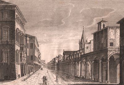 A Strada Maggiore látképe Bolognában, Emilia-Romagna, Olaszország, C Lambertini rézmetsze Pio Panfili (1723-1812) rajza alapján, kb 13,5x19 cm alkotó: Pio Panfili