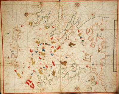 Égei-tenger, hat diagramból álló portolán atlaszból, Placido Caloiro és Francesco Oliva, Pergamen. 1646. alkotó: Placido Caloiro e Oliva