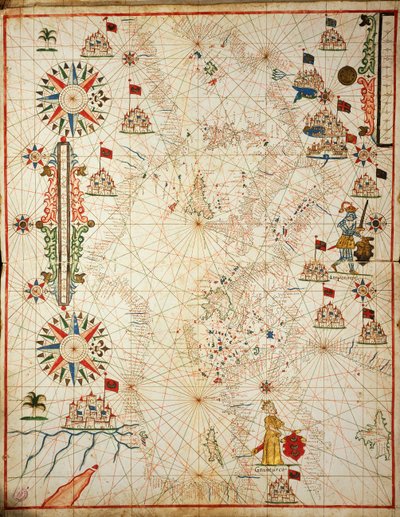 Földközi-tenger, hat diagramból álló portolán atlaszból, Placido Caloiro és Francesco Oliva, Pergamen. 1646. alkotó: Placido Caloiro e Oliva
