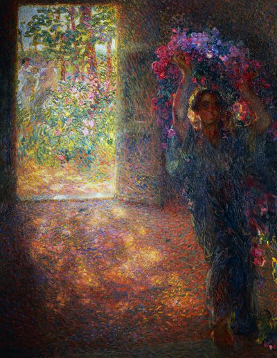 Virágház, kb 1910, Plinio Nomellini (1866-1943), olaj, vászon, 200x160 cm, Olaszország, XX. alkotó: Plinio Nomellini