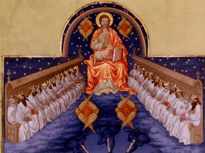 Szent János Patmoszban. „” Miniatűr a „Berry herceg igen gazdag órái” című filmben, Pol De Limburg (15. század). Chantilly, Musee Conde alkotó: Pol de Limbourg
