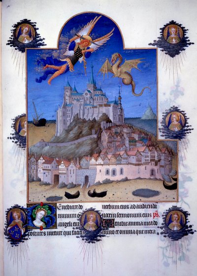 Kilátás a Mont Saint Michelre (Mont-Saint-Michel): Saint Michel arkangyal és a sárkányszárny a levegőben harcoló ábrázolásban. Flamand miniatúra Pol de Limburgból, Jacques the Great (1360-1415/1418) „A jó mórok könyvéből”, Jánosnak ajánlott alkotó: Pol de Limbourg