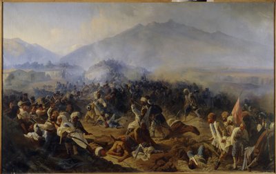 Akhty ostroma 1848-ban. Harci jelenet az észak-kaukázusi hegyekben, az orosz hadsereg és Imam Shamil (Shamil) (1797-1871) csapatai között, aki a függetlenség vágyában és vallási okokból vezette harcosait ( Dzsihád). Festett alkotó: Polidor Ivanovich Babaev