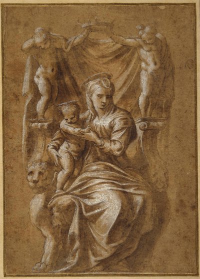 A Madonna és a gyermek trónol (toll és barna tinta testszínnel a papíron) alkotó: Polidoro da (follower of) Caravaggio
