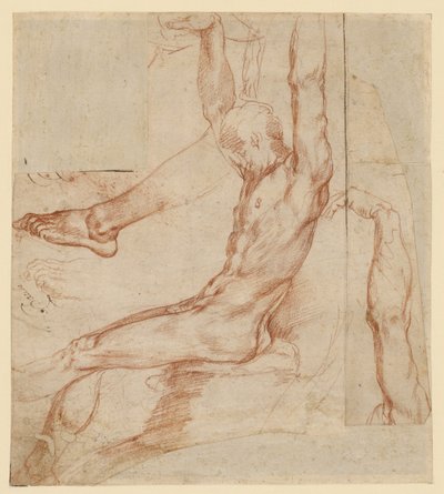 Férfitanulmány különböző vázlatokkal (recto); Férfitanulmány egy férfi drapírozott lábáról (verso) alkotó: Polidoro da Caravaggio (Polidoro Caldara)