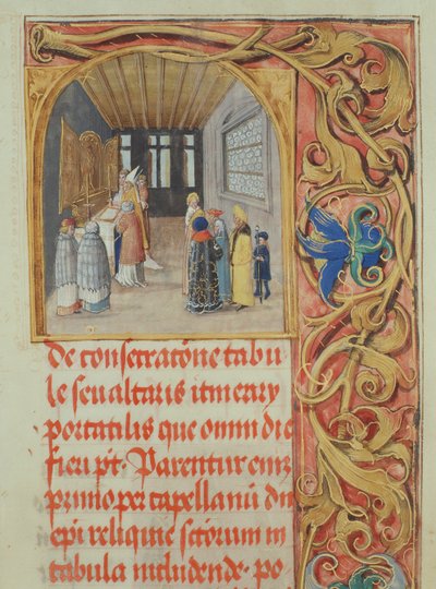 Oltárszentelés a püspök által kanonokok és világi alapítók segítségével Erasmus Ciolek püspök pápajától, 1510 körül (tempera és arany pergamen) alkotó: Polish School