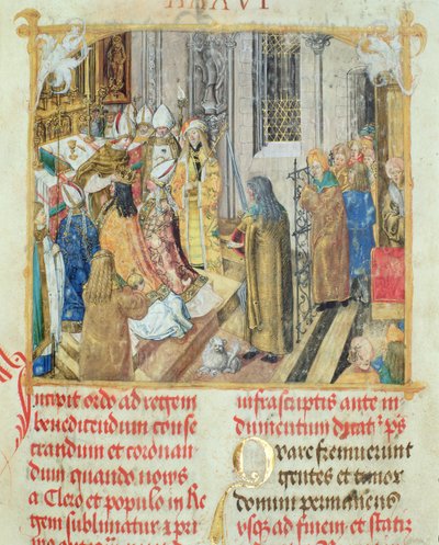A lengyel király megkoronázása Erasmus Ciolek püspök pápától, 1510 körül (tempera és arany pergamen) alkotó: Polish School