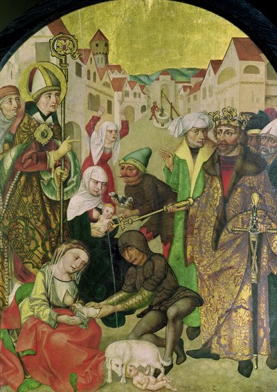 Szent Stanislas (1030-79) nézi a hűtlen feleségek megbüntetését II. Boleslas király (1039-81) tábla parancsa szerint a Szent Stanislas-oltárról alkotó: Polish School